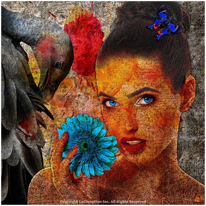 femme avec oiseau fleur et papillon