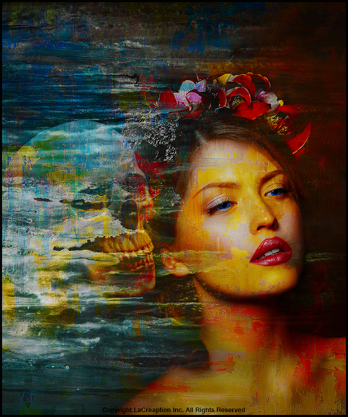 portrait femme avec fleurs et skull