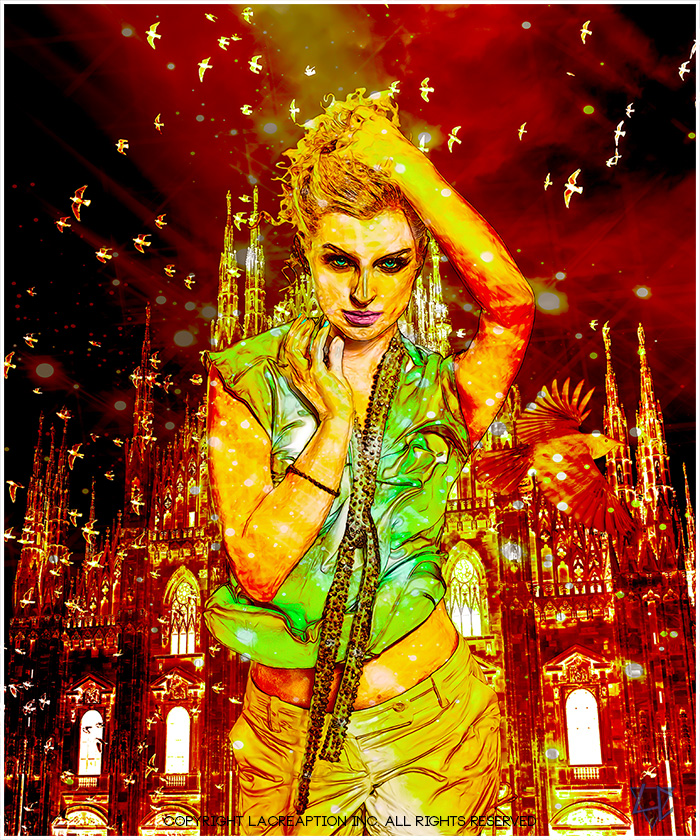 femme devant une cathédrale illuminé
