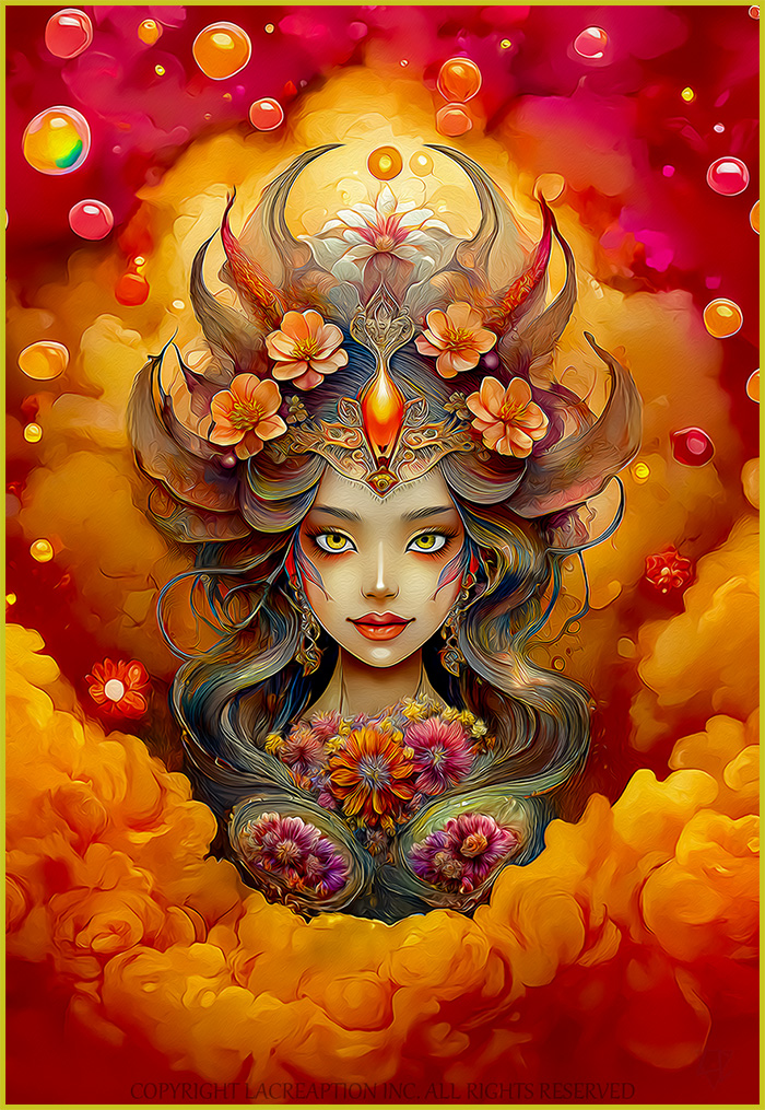 portrait femme fond nuageux et floral